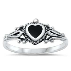 Vintage Heart Simulated Black Onyx Polished Ring New .925 Sterling Silver Band Size 5