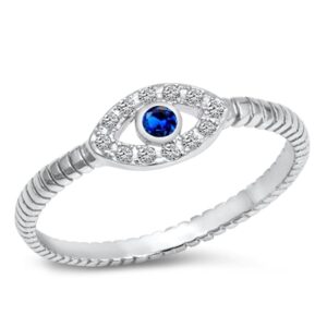 Boho Evil Eye Blue Simulated Sapphire Polished Ring .925 Sterling Silver Size 7