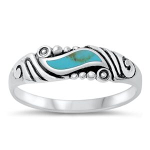 Women's Wave Simulated Turquoise Cute Vintage Ring New 925 Sterling Silver Band Size 8