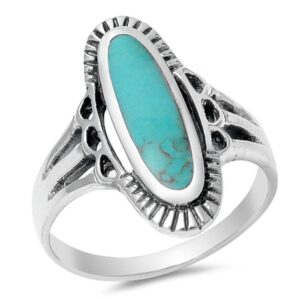 Women's Long Simulated Turquoise Beautiful Ring New .925 Sterling Silver Band Size 7