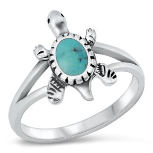 women's turtle simulated turquoise polished ring new .925 sterling silver band size 7