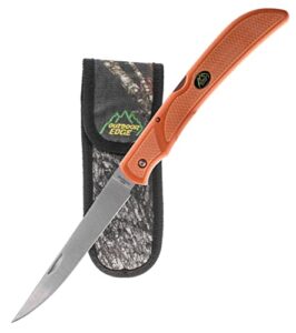 outdoor edge fish & bone - folding fillet knife with 5.0" 440a stainless steel blade for fish and processing big game - pocket clip (orange)