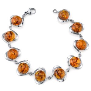 PEORA Genuine Baltic Amber Elliptical Floating Tennis Bracelet for Women 925 Sterling Silver Rich Cognac Color, Round Shape 10 pieces, 7.50 inches length