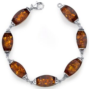 peora genuine baltic amber gallery tennis bracelet for women 925 sterling silver rich cognac color, large fancy shape 6 pieces, 7.50 inches length