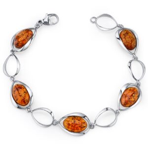 peora genuine baltic amber bracelet for women 925 sterling silver, rich cognac color, floating oval shape 5 pieces, 7 1/2 inches length