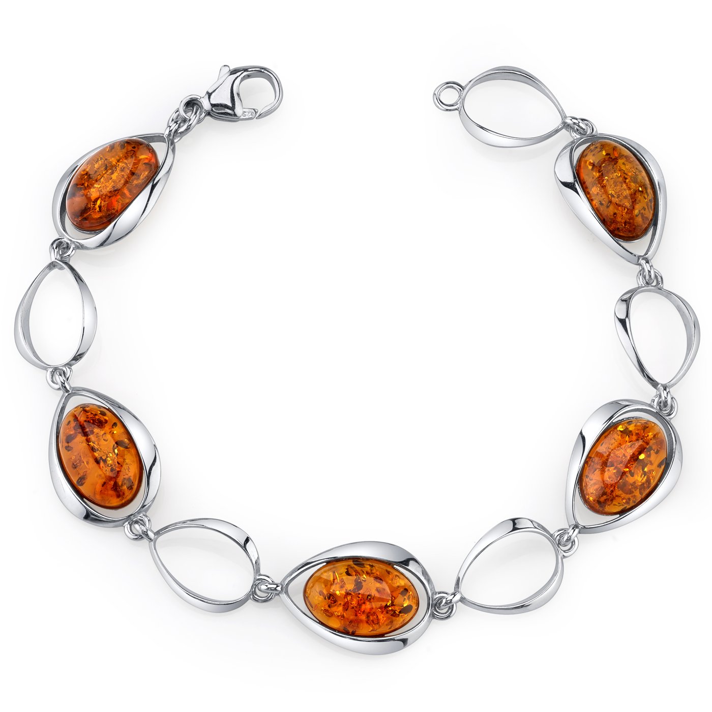 PEORA Genuine Baltic Amber Bracelet for Women 925 Sterling Silver, Rich Cognac Color, Floating Oval Shape 5 pieces, 7 1/2 inches Length