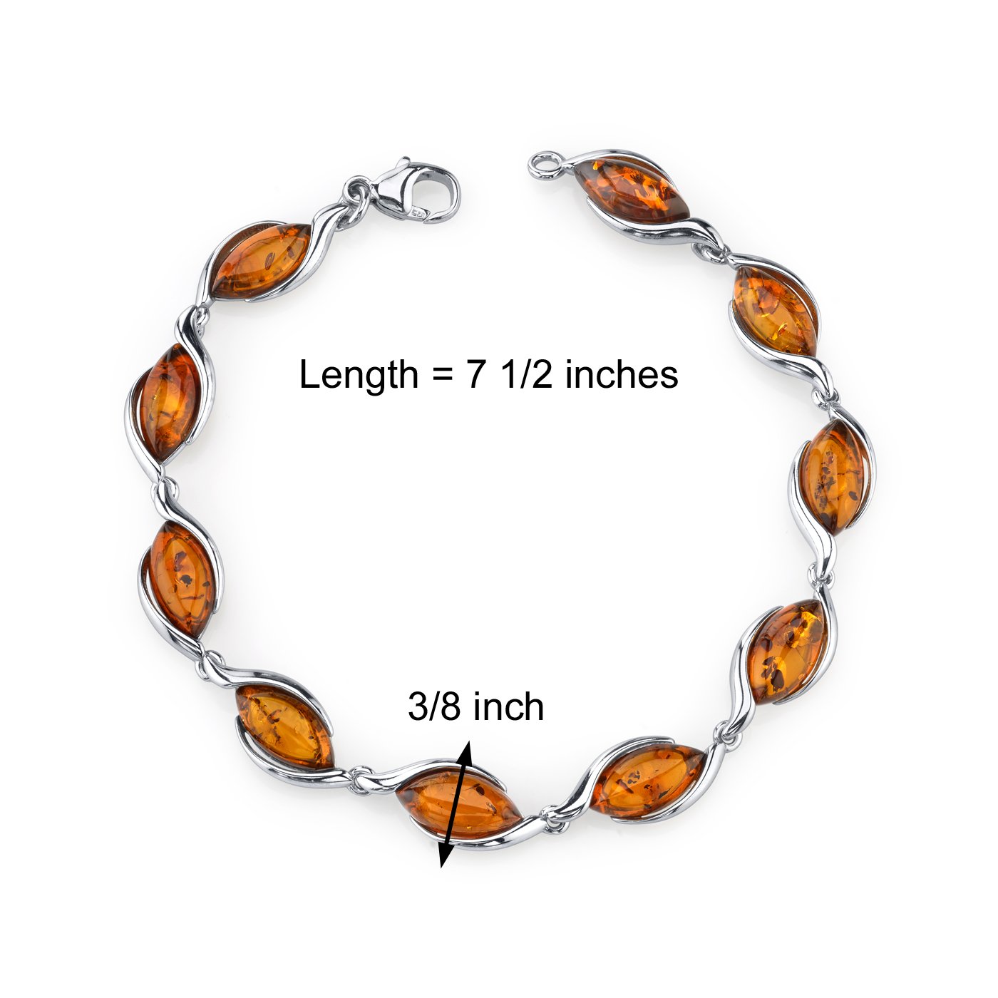 PEORA Genuine Baltic Amber Floating Marquise Twist Bracelet for Women 925 Sterling Silver, Rich Cognac Color, 7 1/2 inches Length