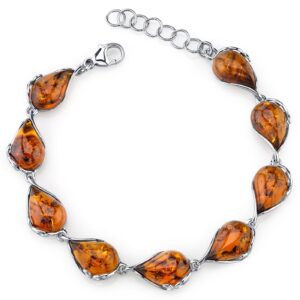 PEORA Genuine Baltic Amber Teardrop Tennis Bracelet for Women 925 Sterling Silver, Rich Cognac Color, 7 1/2 inches Length