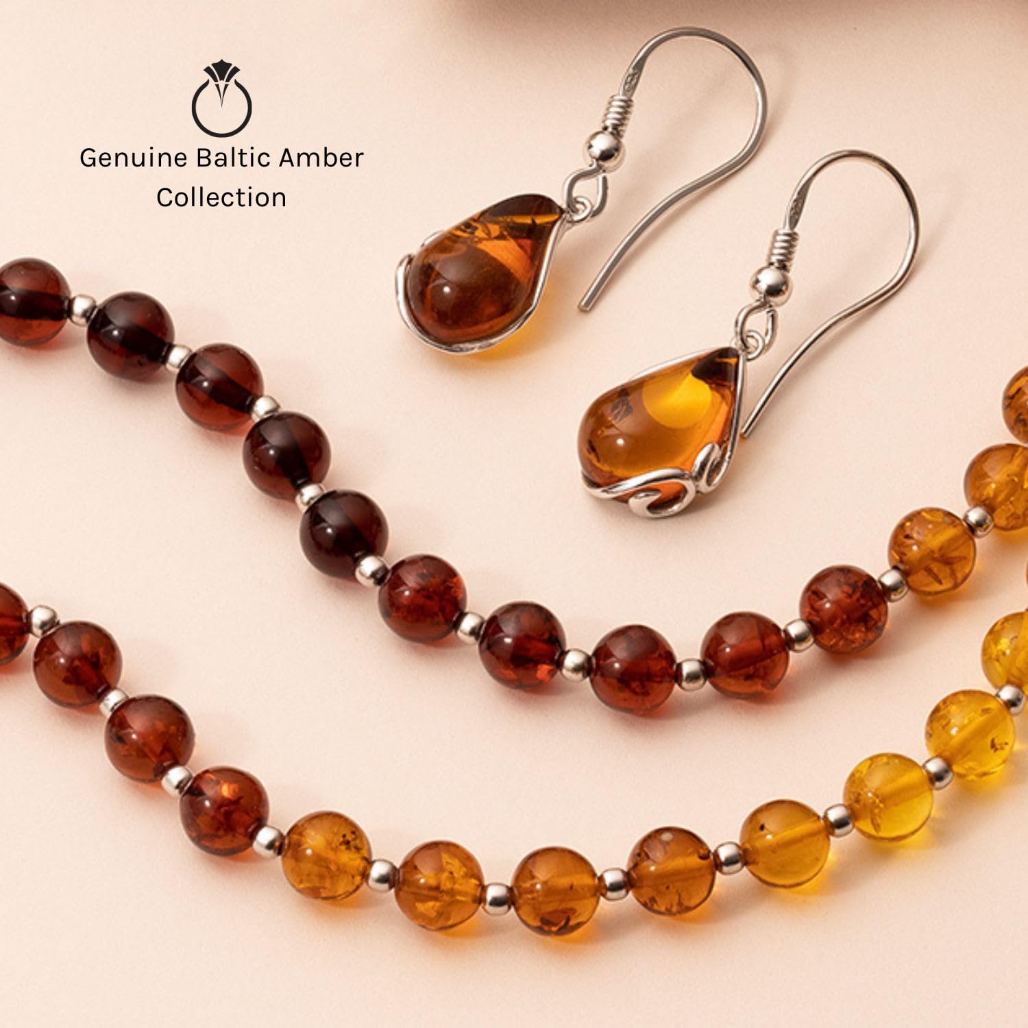 PEORA Genuine Baltic Amber Teardrop Tennis Bracelet for Women 925 Sterling Silver, Rich Cognac Color, 7 1/2 inches Length