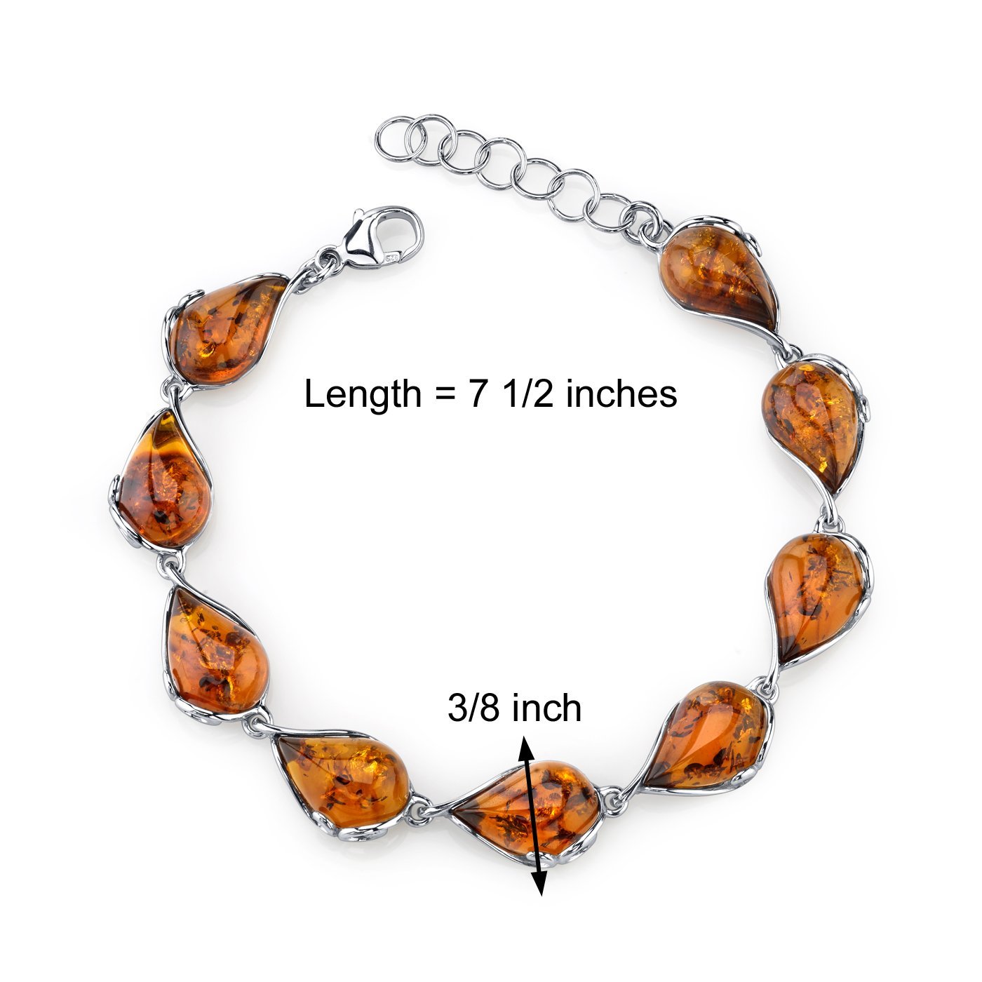 PEORA Genuine Baltic Amber Teardrop Tennis Bracelet for Women 925 Sterling Silver, Rich Cognac Color, 7 1/2 inches Length