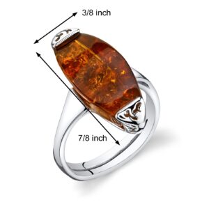 PEORA Genuine Baltic Amber Gallery Ring for Women 925 Sterling Silver, Large Statement Stone, Rich Cognac Color Size 8