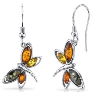 peora genuine baltic amber dragonfly dangle earrings for women 925 sterling silver, rich multiple colors, fishhooks