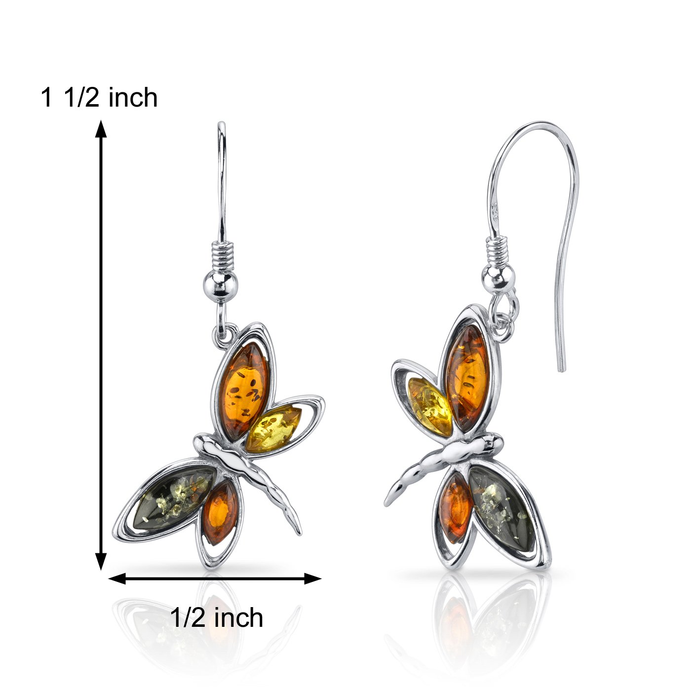 Peora Genuine Baltic Amber Dragonfly Dangle Earrings for Women 925 Sterling Silver, Rich Multiple Colors, Fishhooks