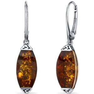 Peora Genuine Baltic Amber Gallery Drop Earrings for Women 925 Sterling Silver, Rich Cognac Color, Lever backs