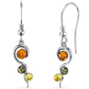 peora genuine baltic amber earrings for women 925 sterling silver, three stone drop design, rich multiple colors, fishhooks