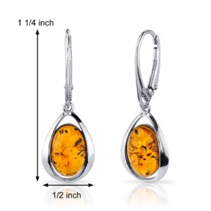 Peora Genuine Baltic Amber Dangle Earrings for Women 925 Sterling Silver, Solitaire Studs, Oval Shape, Rich Cognac Color, Lever backs