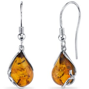 peora genuine baltic amber teardrop earrings for women 925 sterling silver, rich cognac color, fishhooks