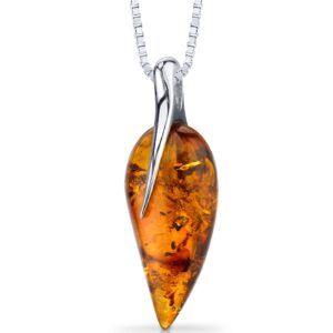 PEORA Genuine Baltic Amber Leaf Drop Pendant Necklace for Women 925 Sterling Silver, Rich Cognac Color, with 18 inch Chain