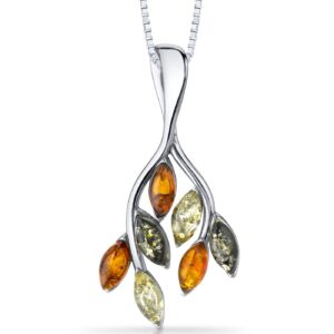 PEORA Genuine Baltic Amber Leaf Drop Pendant Necklace for Women 925 Sterling Silver, Rich Multiple Colors, with 18 inch Chain