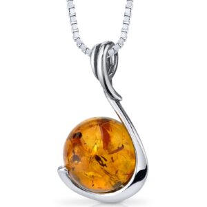 peora genuine baltic amber pendant necklace for women 925 sterling silver, rich cognac color solitaire ball with 18 inch chain