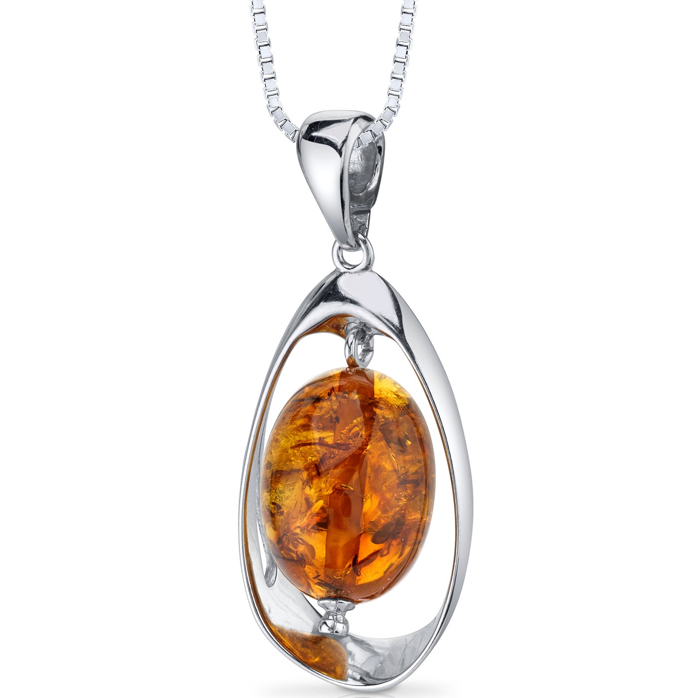 PEORA Genuine Baltic Amber Floating Solitaire Pendant Necklace for Women 925 Sterling Silver, Rich Cognac Color, Oval Shape, with 18 inch Chain