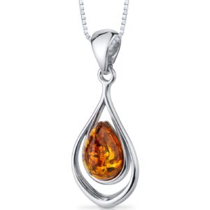 PEORA Genuine Baltic Amber Pendant Necklace for Women 925 Sterling Silver, Open Teardrop Pear Shape, Rich Cognac Color, with 18 inch Chain