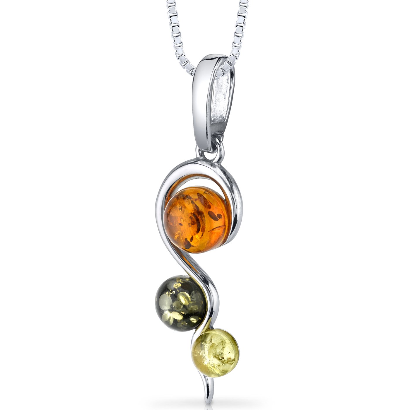 PEORA Genuine Baltic Amber Three-Stone Spiral Pendant Necklace for Women 925 Sterling Silver, Rich Cognac, Olive and Honey Colors, with 18 inch Chain