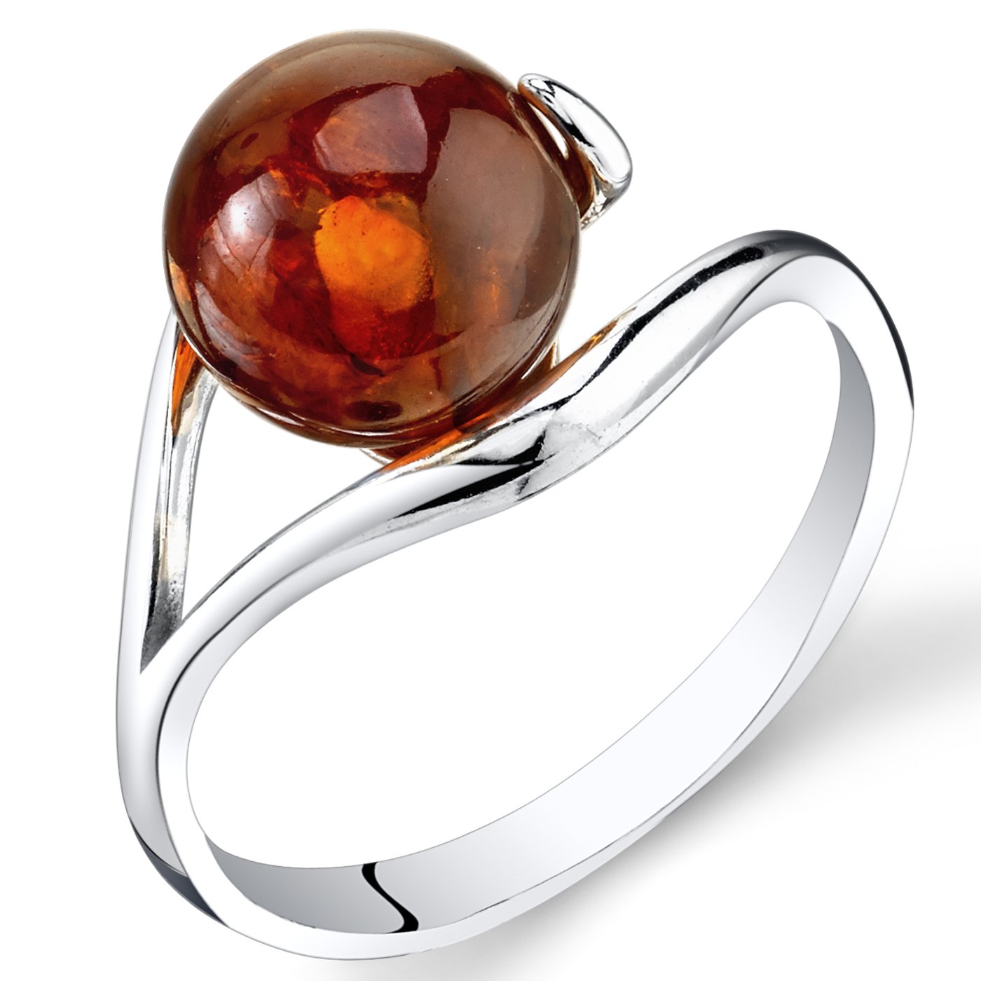 PEORA Genuine Baltic Amber Round Solitaire Ring for Women 925 Sterling Silver, Rich Cognac Color, Size 9