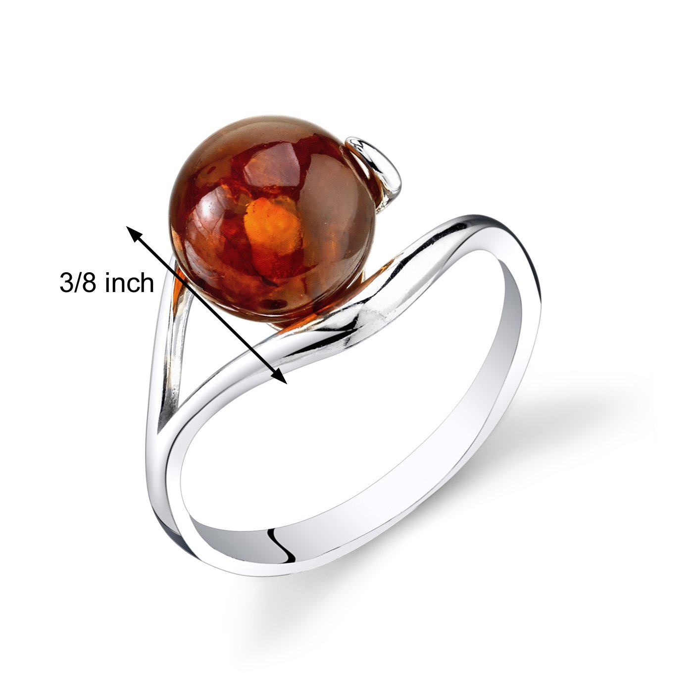 PEORA Genuine Baltic Amber Round Solitaire Ring for Women 925 Sterling Silver, Rich Cognac Color, Size 9