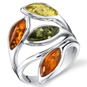 PEORA Genuine Baltic Amber Leaf Ring for Women 925 Sterling Silver, Rich Cognac, Olive Green, Honey Yellow Colors, Size 7