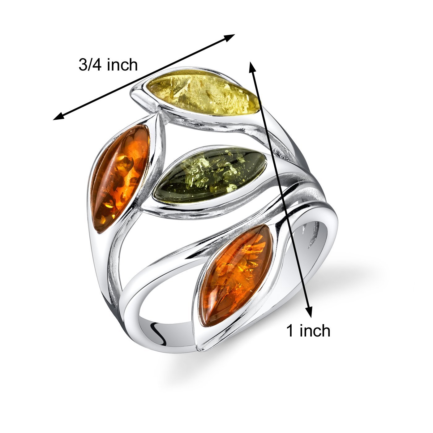 PEORA Genuine Baltic Amber Leaf Ring for Women 925 Sterling Silver, Rich Cognac, Olive Green, Honey Yellow Colors, Size 7