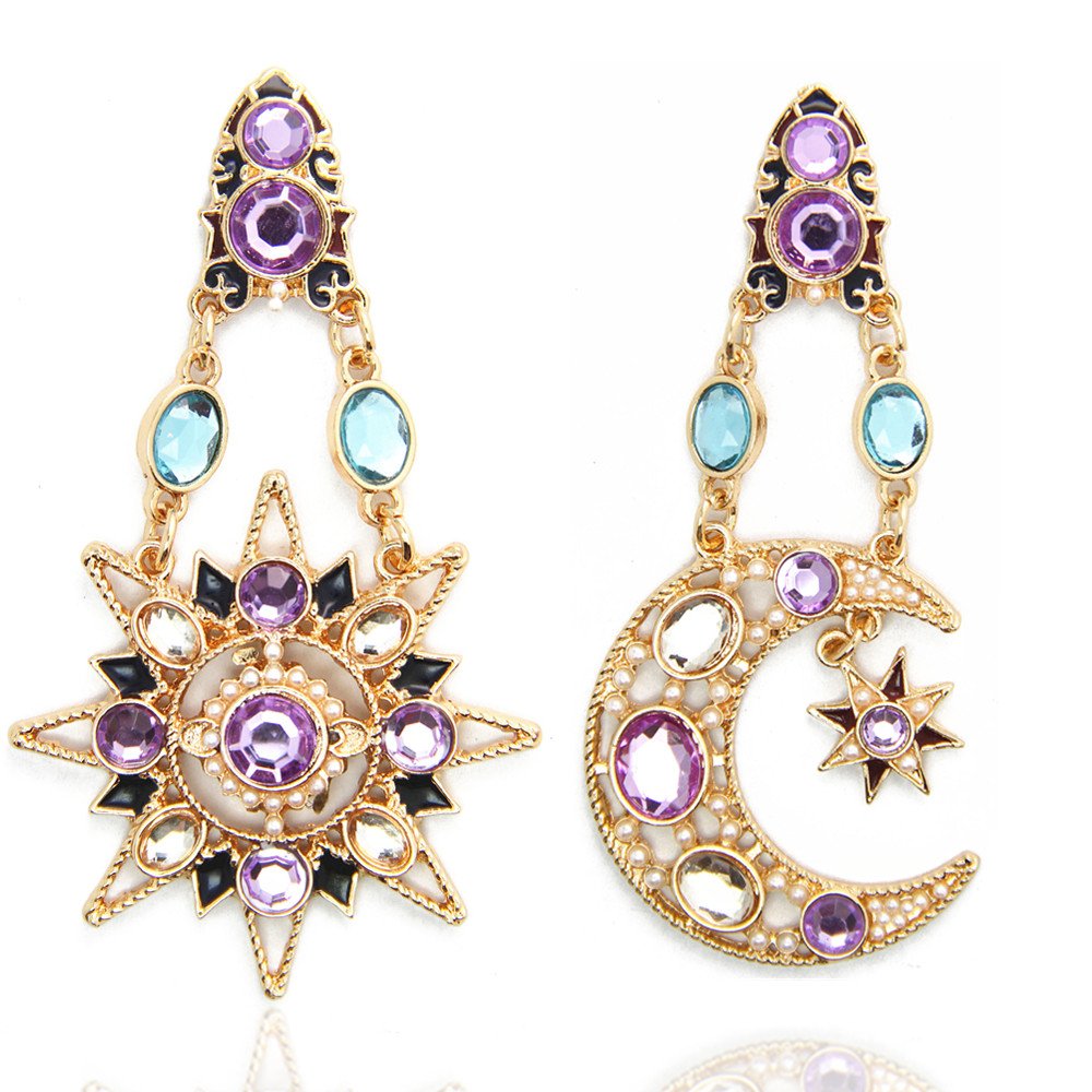 JOJO & LIN 18K Real Gold Plated Asymmetrical Earrings Sun Moon Star Statement Earrings for Women