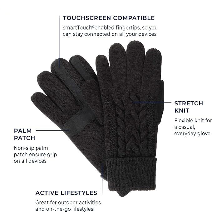 isotoner Women's Cable Knit Gloves with Touchscreen Palm Patches, One Size, Black