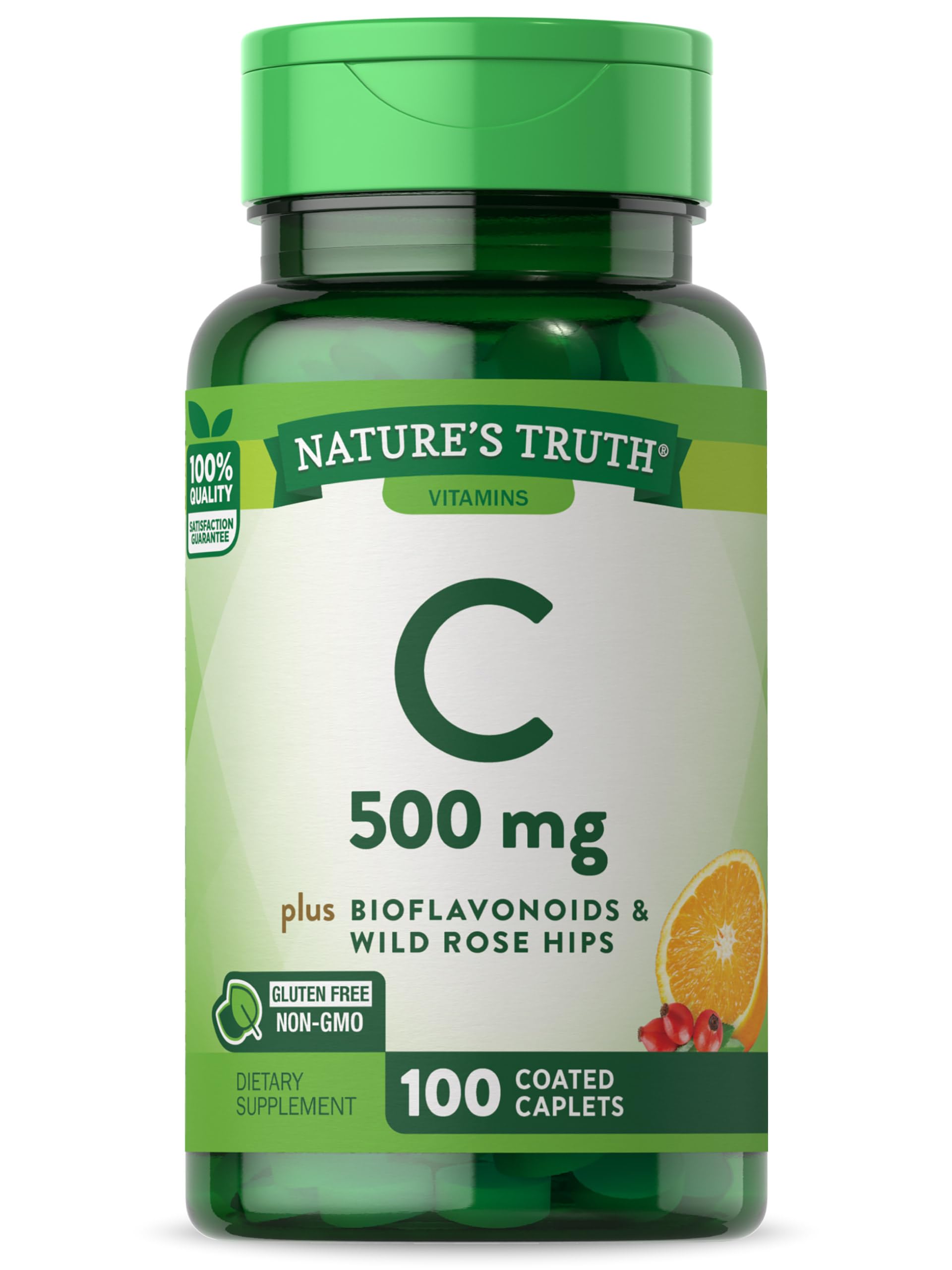 Vitamin C with Rose HIPS and Bioflavonoids | 500mg | 100 Caplets | Vegetarian, Non-GMO & Gluten Free | by Nature's Truth.