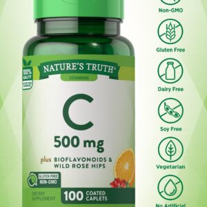 Vitamin C with Rose HIPS and Bioflavonoids | 500mg | 100 Caplets | Vegetarian, Non-GMO & Gluten Free | by Nature's Truth.