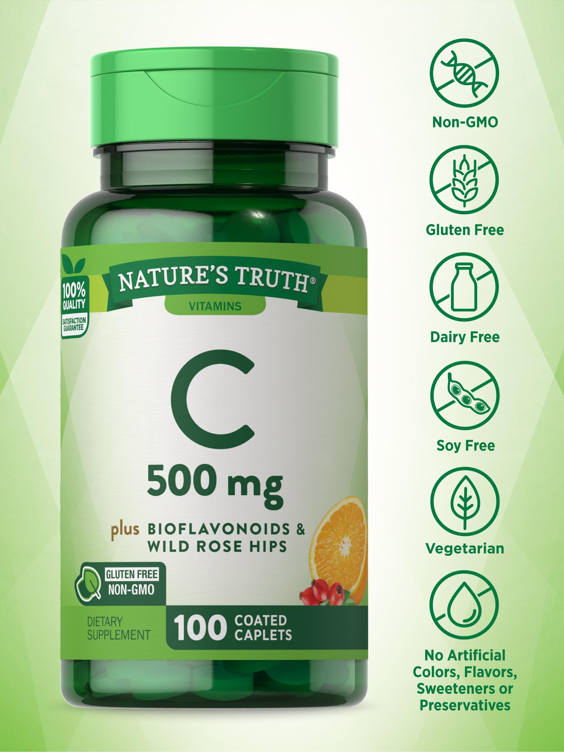 Vitamin C with Rose HIPS and Bioflavonoids | 500mg | 100 Caplets | Vegetarian, Non-GMO & Gluten Free | by Nature's Truth.