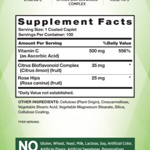 Vitamin C with Rose HIPS and Bioflavonoids | 500mg | 100 Caplets | Vegetarian, Non-GMO & Gluten Free | by Nature's Truth.