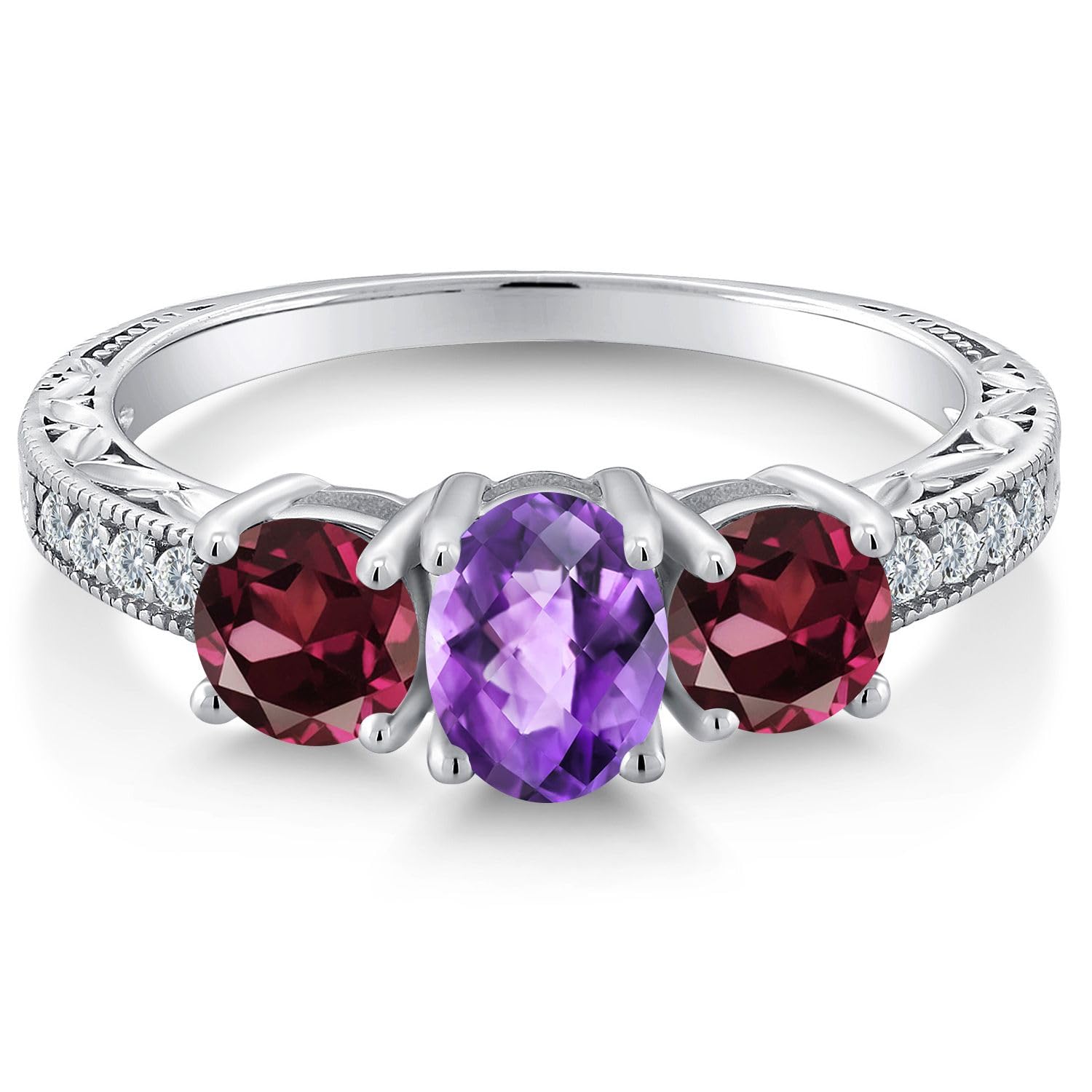 Gem Stone King 925 Sterling Silver Purple Amethyst and Red Rhodolite Garnet Engagement Ring For Women (2.07 Cttw, Oval Checkerboard Cut 7X5MM, Available in size 5, 6, 7, 8, 9)