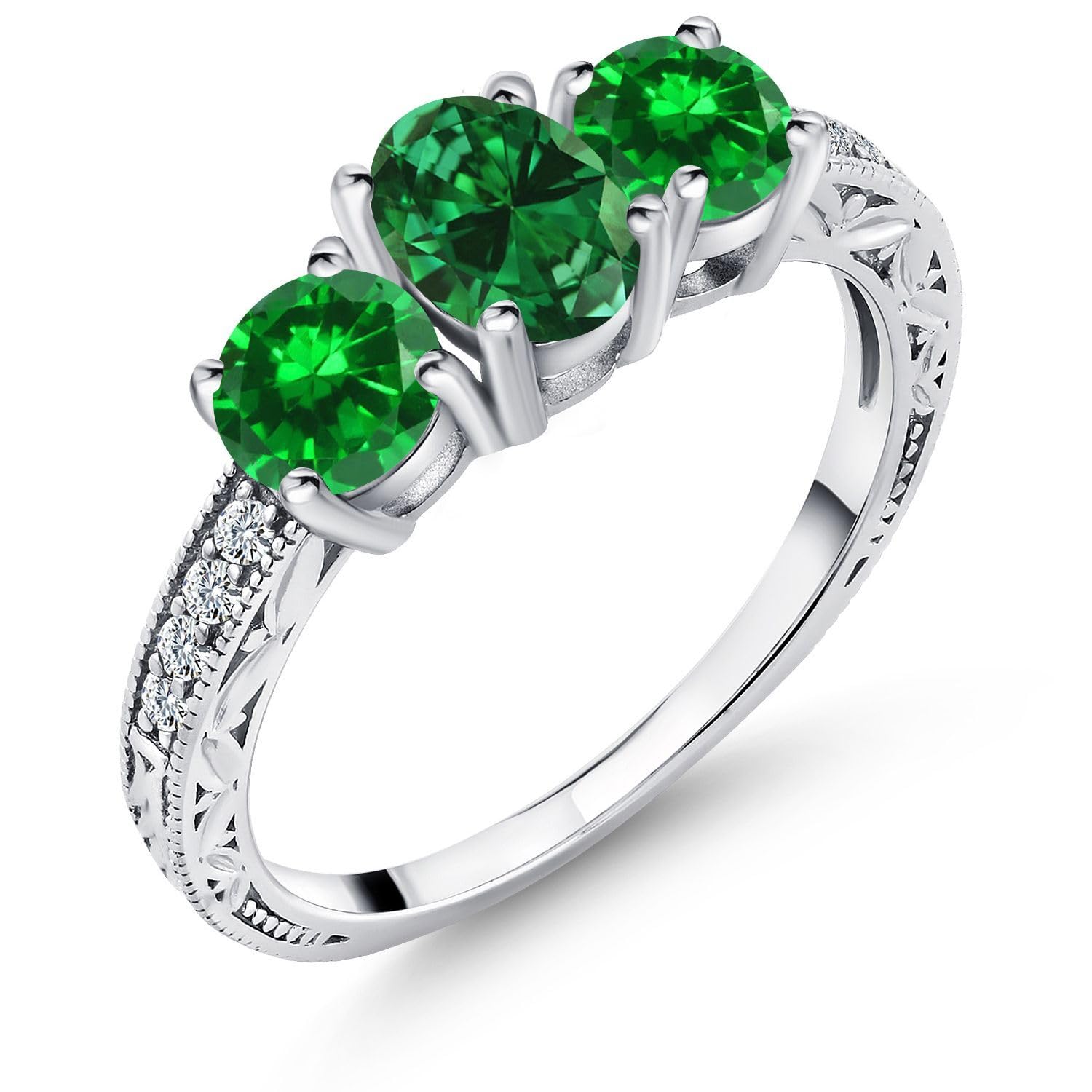 Gem Stone King 925 Sterling Silver Green Simulated Emerald 3-Stone Engagement Ring For Women (2.40 Cttw, Available In Size 5, 6, 7, 8, 9)