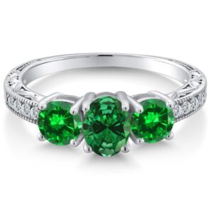 Gem Stone King 925 Sterling Silver Green Simulated Emerald 3-Stone Engagement Ring For Women (2.40 Cttw, Available In Size 5, 6, 7, 8, 9)