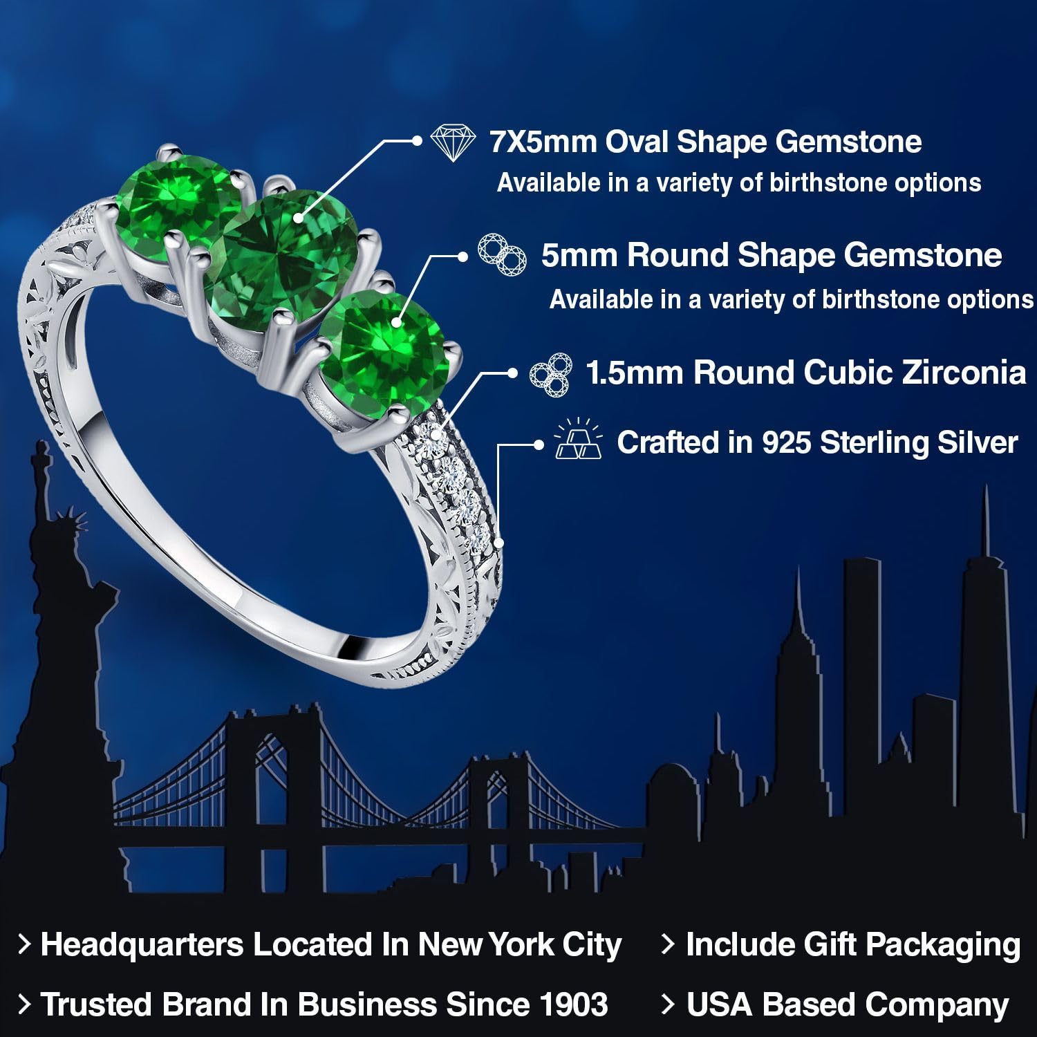 Gem Stone King 925 Sterling Silver Green Simulated Emerald 3-Stone Engagement Ring For Women (2.40 Cttw, Available In Size 5, 6, 7, 8, 9)