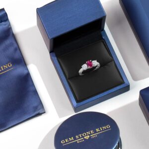 Gem Stone King 2.52 Cttw 925 Sterling Silver Red Created Ruby 3-Stone Engagement Ring | Oval 7X5MM & Round 5MM | 3 Stone Wedding Anniversary Promise Ring For Women (Size 6)