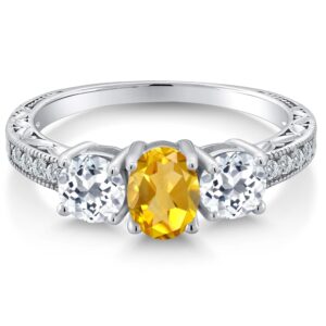 Gem Stone King 925 Sterling Silver Yellow Citrine and White Topaz 3 Stone Ring For Women (1.72 Cttw, Gemstone Birthstone, Available In Size 5, 6, 7, 8, 9)