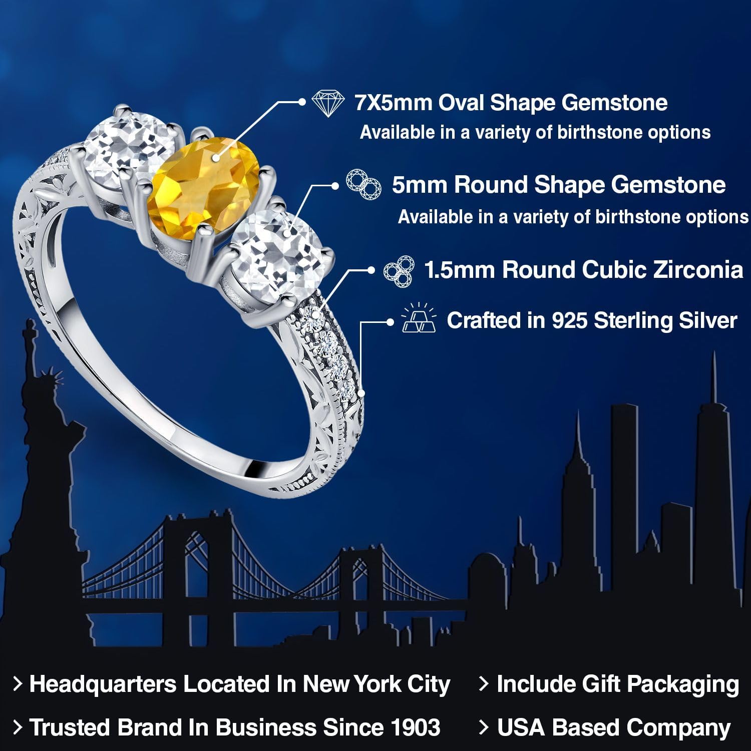 Gem Stone King 925 Sterling Silver Yellow Citrine and White Topaz 3 Stone Ring For Women (1.72 Cttw, Gemstone Birthstone, Available In Size 5, 6, 7, 8, 9)