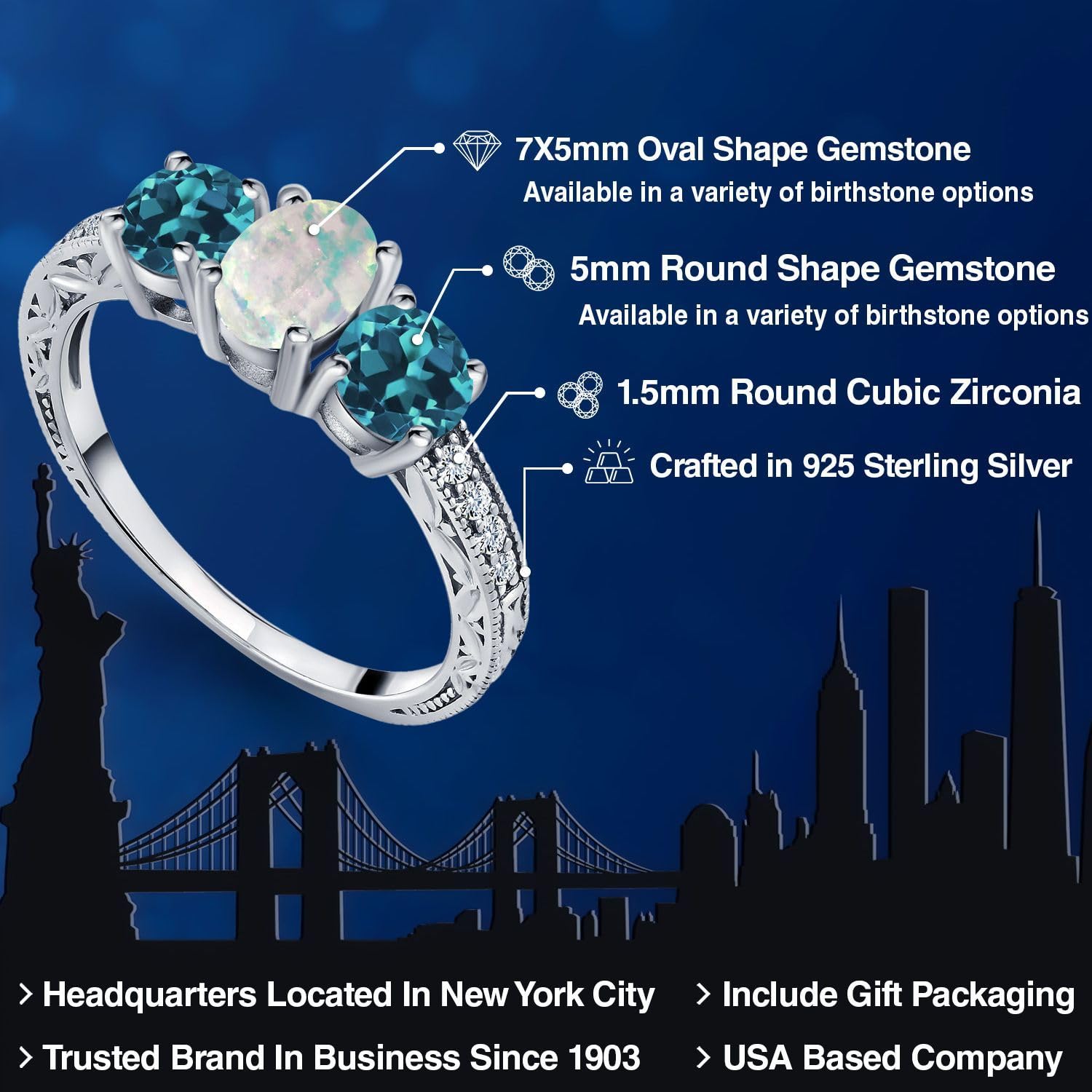 Gem Stone King 925 Sterling Silver Oval Cabochon White Simulated Opal and London Blue Topaz Ring For Women (1.75 Cttw, Gemstone Birthstone, Available In Size 5, 6, 7, 8, 9)