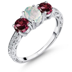 gem stone king 925 sterling silver cabochon white simulated opal and red rhodolite garnet women's ring (1.95 cttw, available in size 5, 6, 7, 8, 9)