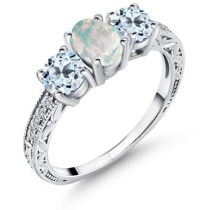 Gem Stone King 925 Sterling Silver White Simulated Opal and Sky Blue Topaz Ring For Women (1.75 Cttw, Oval Gemstone Birthstone, Available In Size 5, 6, 7, 8, 9)