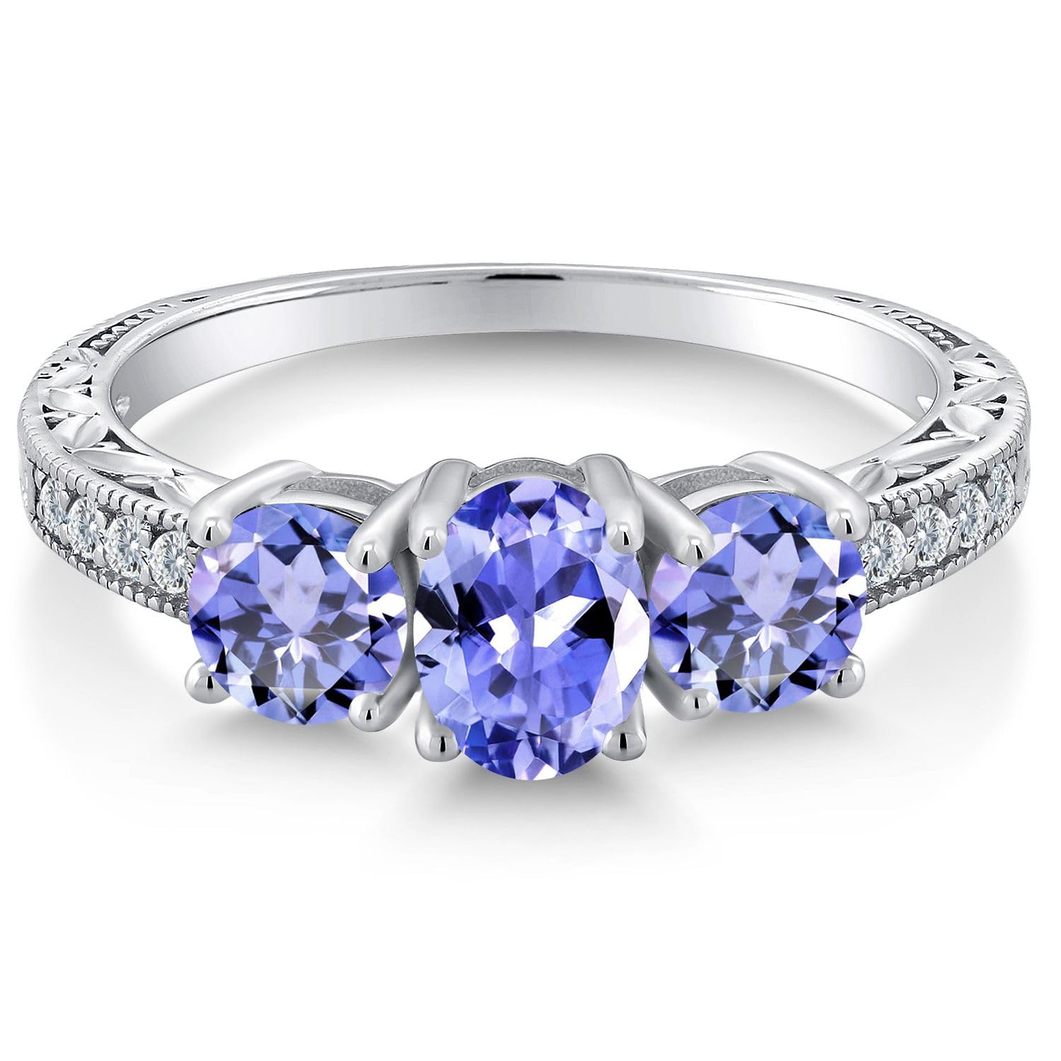 Gem Stone King 1.79 Cttw Blue Tanzanite 3-Stone Ring In 925 Sterling Silver | Gemstone Birthstone | Three Stone Wedding Engagement Ring For Women | Available in size 5, 6, 7, 8, 9