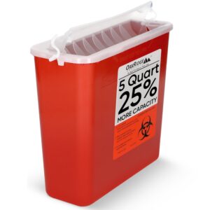 oakridge products sharps container for home use and professional 5 quart (1-pack), biohazard needle and syringe disposal, horizontal drop style lid with levers, cdc certified