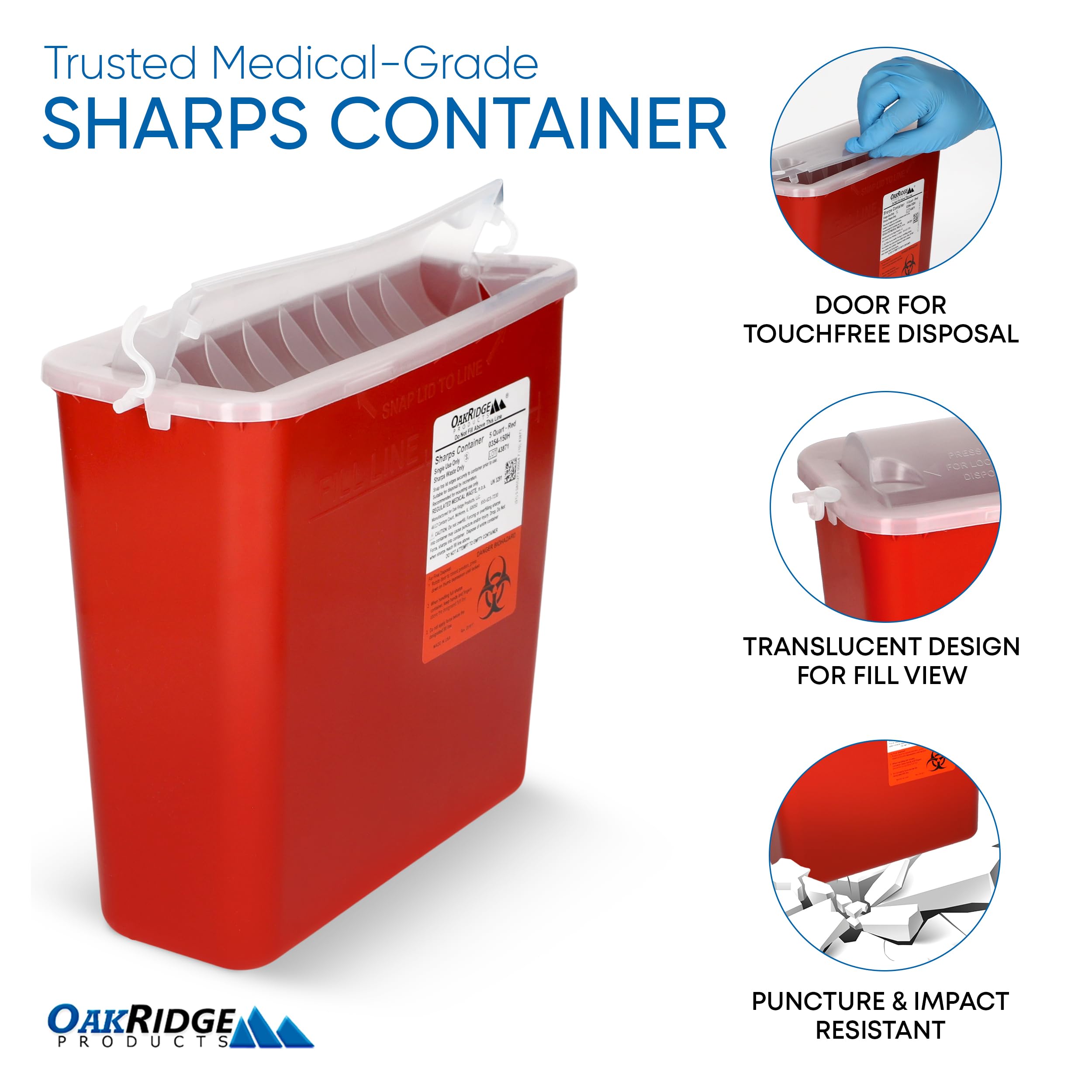 Oakridge Products Sharps Container for Home Use and Professional 5 Quart (1-Pack), Biohazard Needle and Syringe Disposal, Horizontal Drop Style Lid with levers, CDC Certified